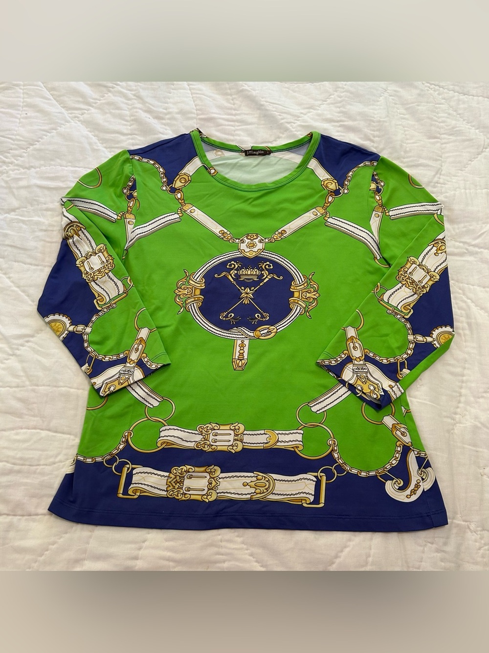 J McLaughlin Top Womens L bold equestrian chain and creat print Catalina *flaw